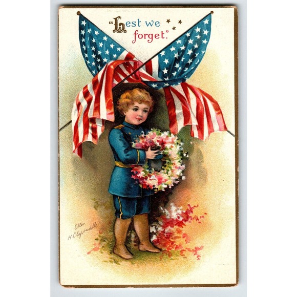 Memorial Decoration Day Postcard Ellen Clapsaddle Patriotic Boy Military Suit - Picture 2 of 3
